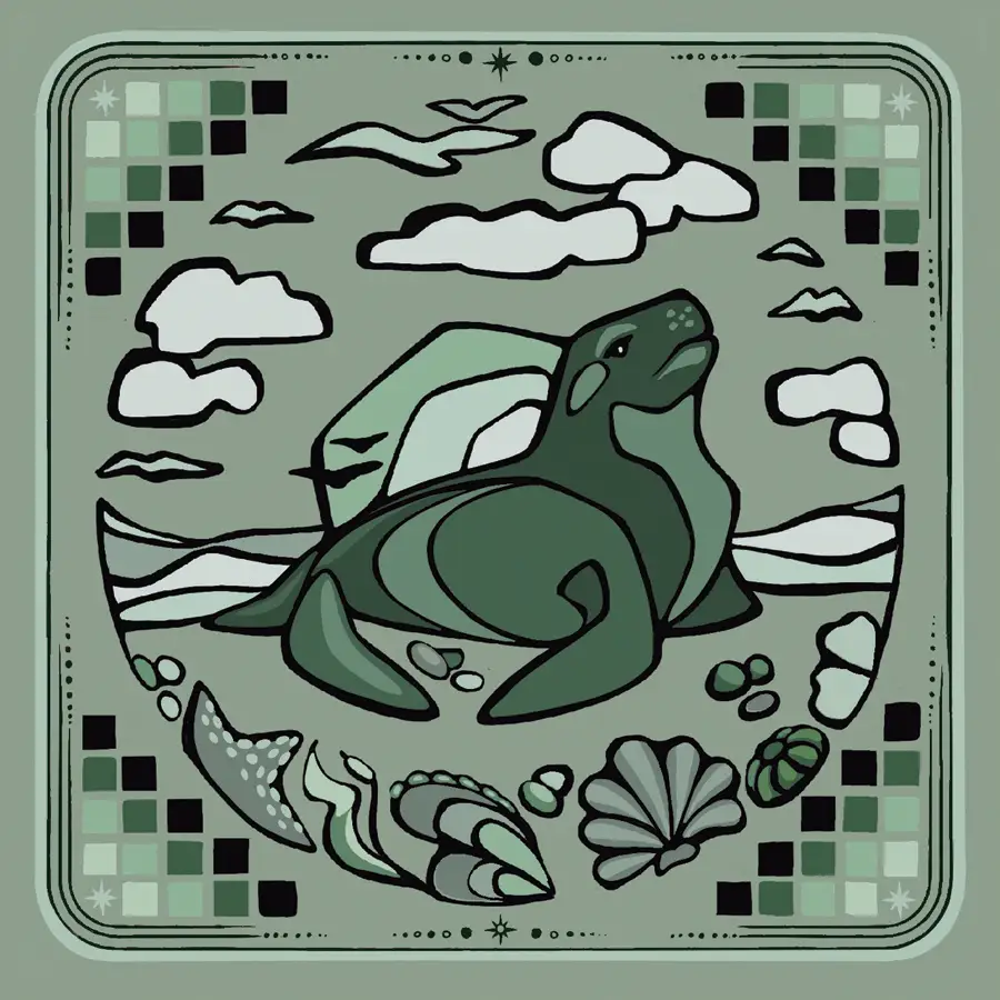 Carta del Lobo Marino del oráculo Memoria Animal: ilustración de un lobo marino en la costa patagónica con gaviotas, olas y caracoles en estilo folk