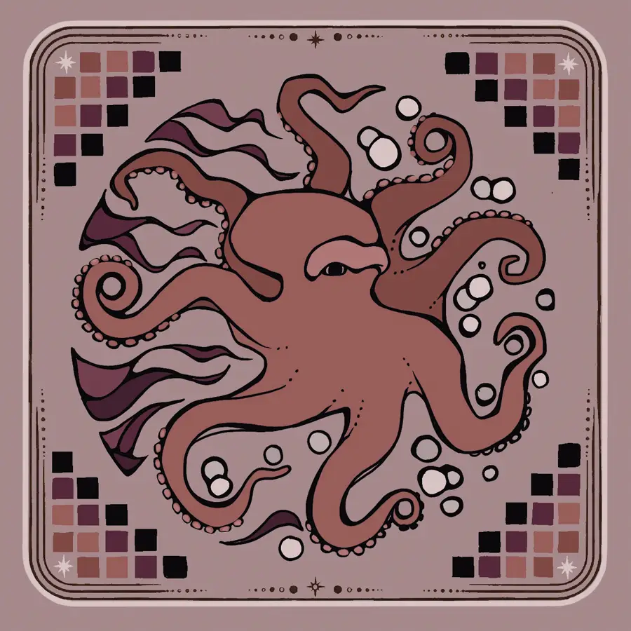 Carta del Pulpo Colorado del oráculo Memoria Animal: ilustración de un pulpo colorado con tentáculos extendidos entre burbujas en estilo folk